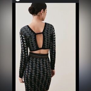 Karen Millen Embellished Metallic Black Jacquard Geo Knit Cut out Top  Sz M NWT